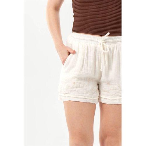 Beli Lastikli Cunda Çift Cepli Yazlık Nakışlı Müslin Mini Şort Kırık Beyaz KrkByz