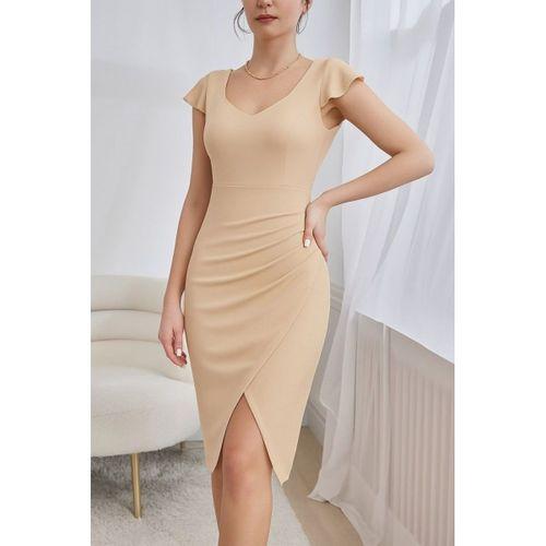 Kadın Kısa Kollu Kalp Yaka Yanlardan Büzgü Detay Midi Ithal Krep Elbise