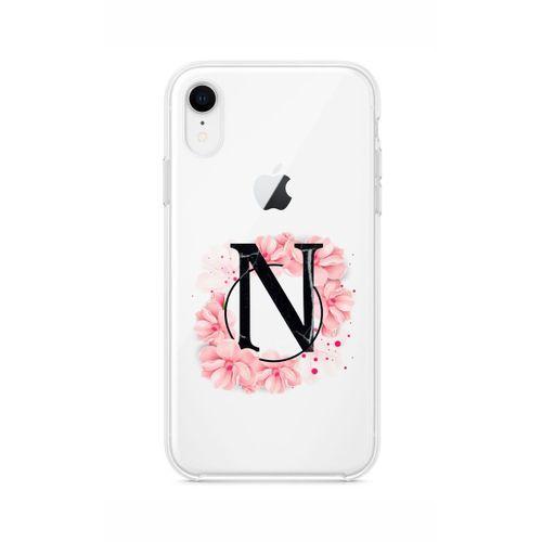 iPhone XR Pembe Çiçek Desen N Harfli Şeffaf Kılıf