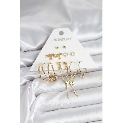 Pirinç Gold Renk 6 Çiftli Kadın Küpe Seti