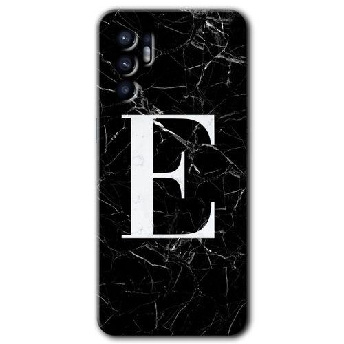 OPPO Oppo Reno 6 Kılıf HD Desen Baskılı Arka Kapak + Temperli Cam - Siyah Mermer Desenli E Harfi