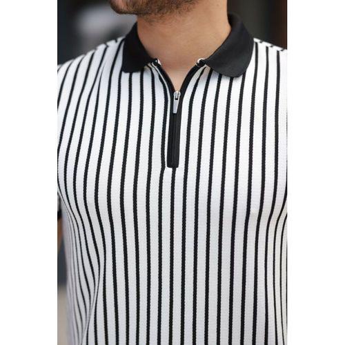 Erkek çizgili Fermuar Yakalı Kısa Kollu Tişört