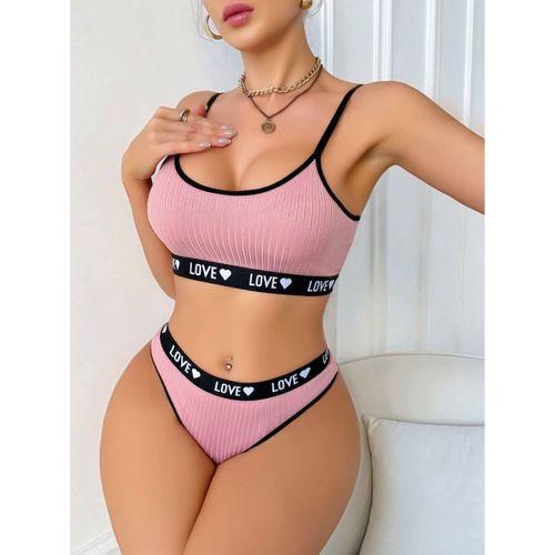 Kadın Pembe Love Yazı Detaylı Zarif Bikini Mayo Takımı Özel Tasarım