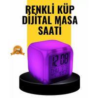 7 Renk Led Işıklı Alarmlı Dijital Küp Masa Saati Termometreli