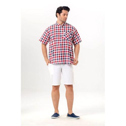 Kısa Kol Şile Bezi Tek Cepli Hakim Yaka Erkek Yazlık Tshirt Kırmızı Lacivert Kareli 3008