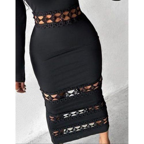 Kadın Uzun Kollu Madonna Dantel Yaka Yırtmaçlı Midi Dalgıç Elbise