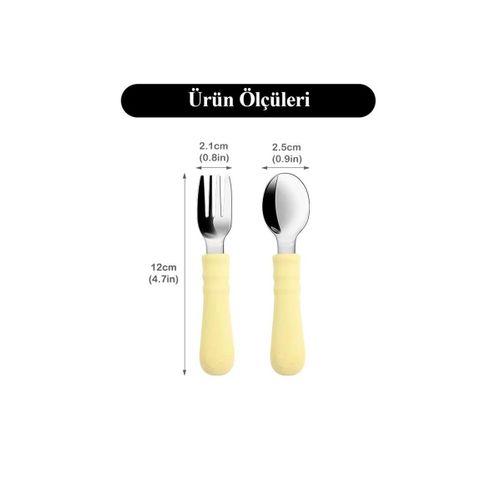 Silikon Saplı Paslanmaz Çelik Bebek Kaşık Çatal Seti Açık Pembe