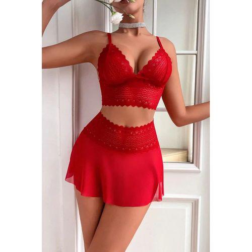 Kadın Kırmızı Dantel Ve Tül Detaylı Etekli Şık Gecelik Takımı