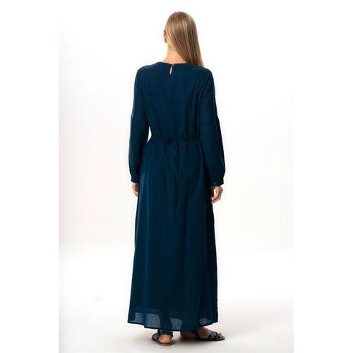 Uzun Kol Şile Bezi Gülşah Bisiklet Yaka Nakışlı Uzun Yazlık Elbise Lacivert Lcvt