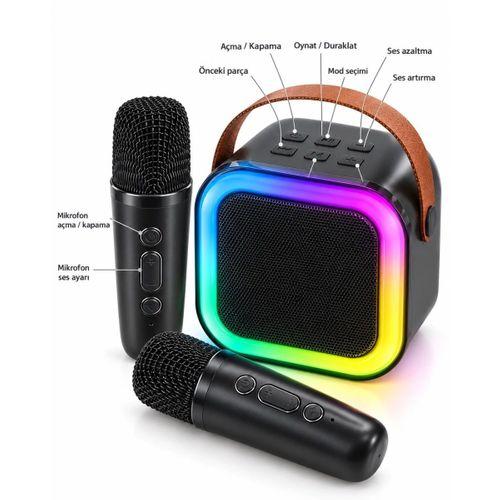 Taşıma Askılı Siyah Led Işıklı Bluetooth Hoparlör Çift Mikrofonlu Karaoke Seti