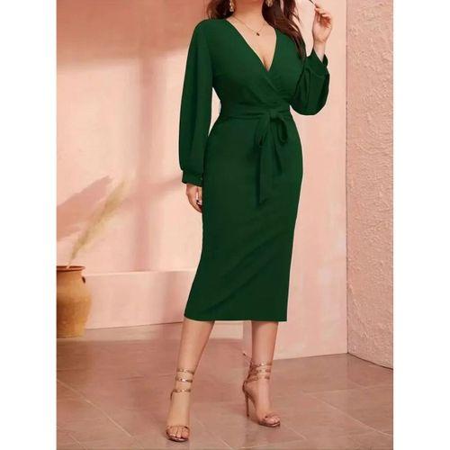 Pilelistore Kadın Uzun Kollu Kruvaze Yaka Belden Kuşaklı Midi Ithal Krep Elbise