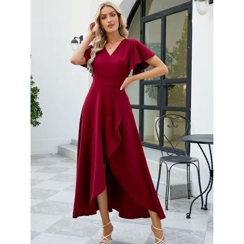 Kadın Kısa Kollu Kruvaze Yakalı ön Asimetrik Volanlı Uzun Ithal Krep Elbise