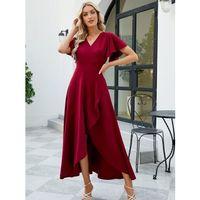 Kadın Kısa Kollu Kruvaze Yakalı ön Asimetrik Volanlı Uzun Ithal Krep Elbise