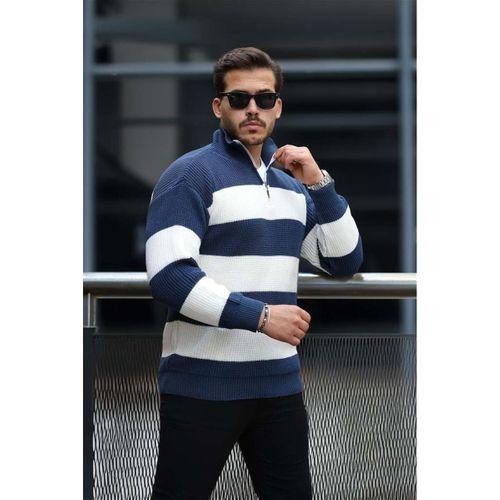 Oversize Çizgili Selanik Örgülü Yarım Fermuar Triko Erkek Kazak - İndigo