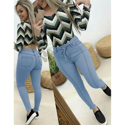 Kadın Yüksek Bel Belden Kuşaklı Yırtık Detaylı Kot Pantolon