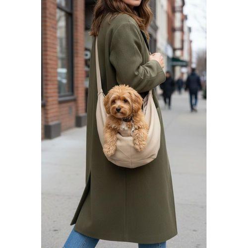 Ekru Güderi Dokulu Köpek Taşıma Çantası – Emniyet Kemerli