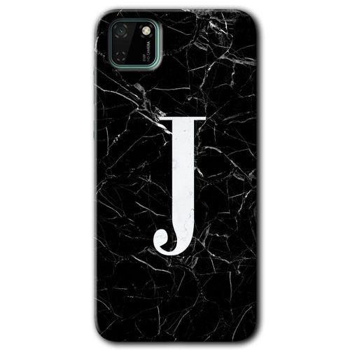 Huawei Y5P HD Baskılı Kılıf + 9D Tam Ekran Koruyucu - Siyah Mermer Desenli J Harfi