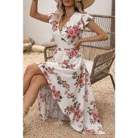 Kadın Kısa Kollu Kruvaze Yakalı önü Asimetrik Detaylı Uzun çiçek Desenli Süprem Elbise