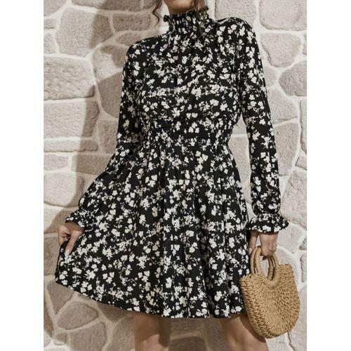 Kadın Uzun Kollu Balıkçı Yaka çiçek Baskılı Helen Kumaş Elbise