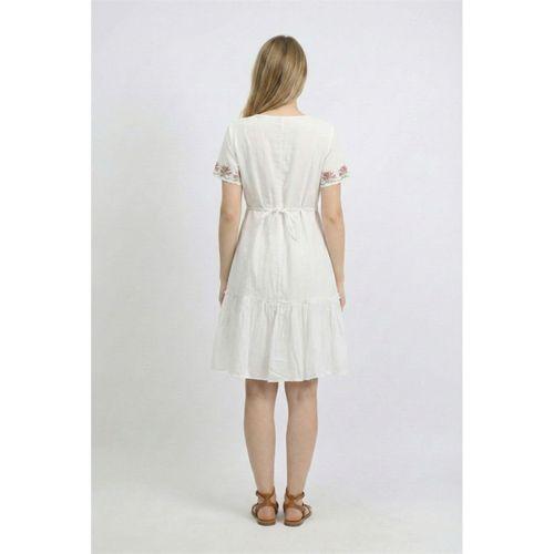 Kısa Kol Gülbin Bağcıklı V Yaka Nakışlı Yazlık Vual Kısa Elbise Beyaz Byz