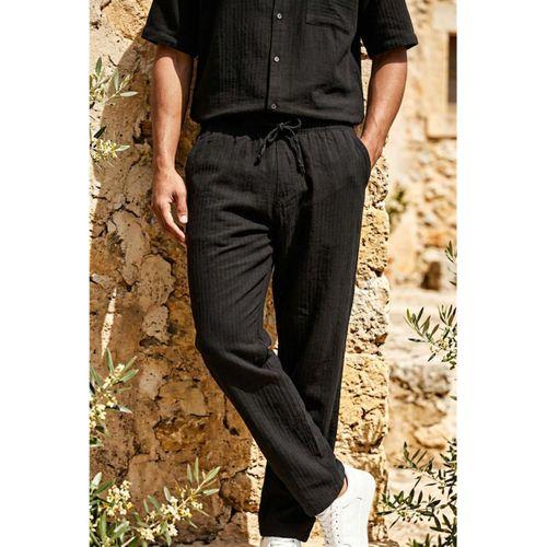 Calvert Tensel Pamuk Kumaş Çizgili Relaxed Fit Erkek Pantolon - Siyah