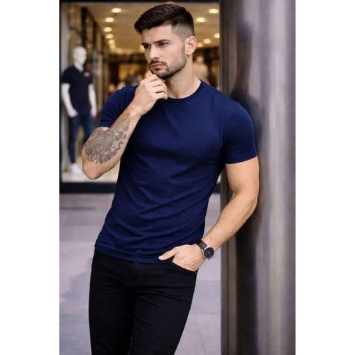 Erkek T-Shirt Bisiklet Yaka Slim Fit Dar Kesim Likralı Tişört Günlük Basic Body - Lacivert