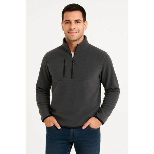 Erkek Polar Kazak Dik Yaka Yarım Fermuarlı Fermuarlı Göğüs Cepli Siyah Biyeli - Füme