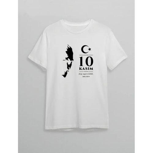 10 Kasım Atatürk Anma Günü Silüet Baskılı Oversize Bisiklet Yaka T-shirt - Beyaz