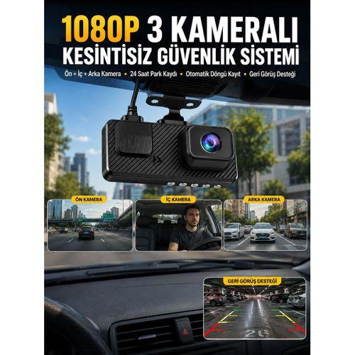 3 Kameralı Araç İçi Dvr Kayıt Cihazı  Ön İç Arka Kamera Full Hd