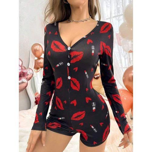 Pamuklu Kırmızı Ruj Desenli Düğmeli Uzun Kol Tulum Pijama