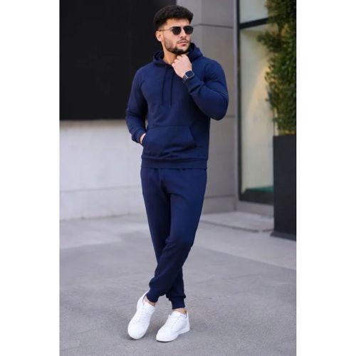 Erkek İki İplik Kapüşonlu Kanguru Cepli Sweatshirt Jogger Pantolon Alt Üst Eşofman Takımı - Lacivert