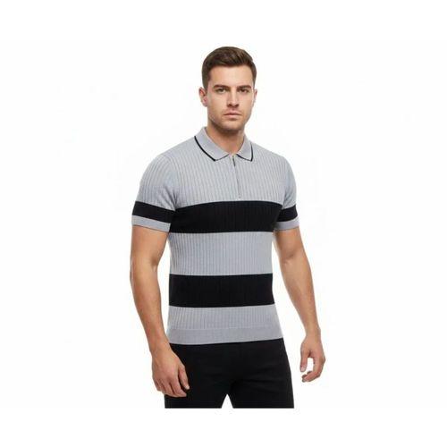 Erkek T-shirt Çizgili Triko Dokuma Kumaş Polo Yaka Yarım Fermuarlı Regular Kalıp Tişört - Gri