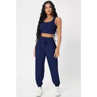 Kadın Lacivert Kaşkorse Cepli Jogger Eşofman Altı Ve Crop Top Bluz