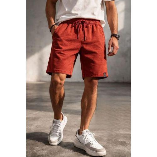 Erkek Otoban Dokuma Şort Beli Lastikli Bağcıklı, Cepli, Rahat Kesim Günlük Yazlık Şort - Turuncu