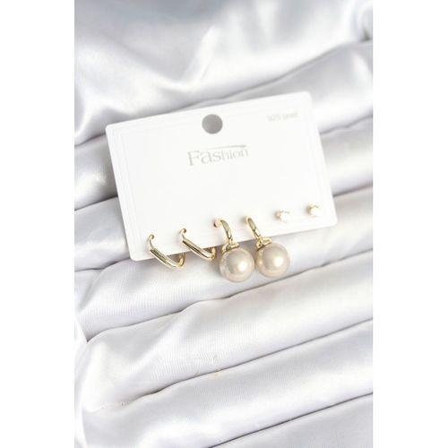 Pirinç Gold Renk İnci Detaylı 925 Gümüş Çivili Kadın Küpe Seti - TJ-BKP11253