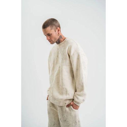 Erkek 3 İplik Pamuklu Yağ Yıkamalı Sweatshirt Double Oversize Bisiklet Yaka Uzun Kol - Krem