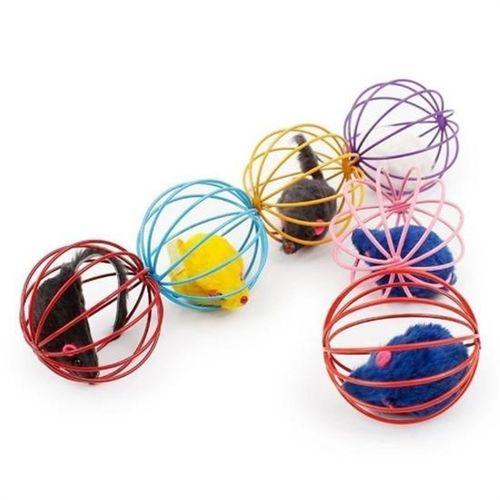 Renkli Metal Kafesli Peluş Fareli Kedi Köpek Oyuncağı Oyun Topu 6 cm
