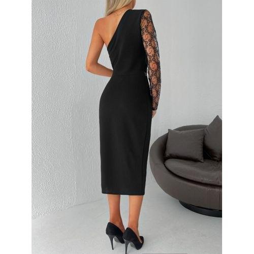 Kadın Siyah Tek Kol Dantel Detay Omuz Dekolte Krep Elbise