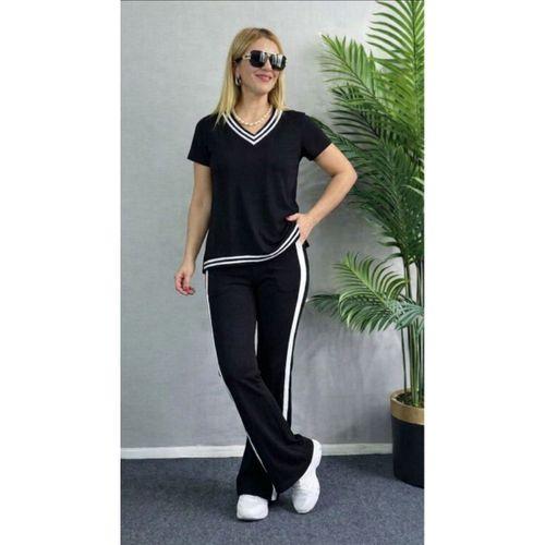 Kadın Kısa Kollu V Yakalı Viskon Iki Iplik Bluz Ve Pantolon Ikili Takım