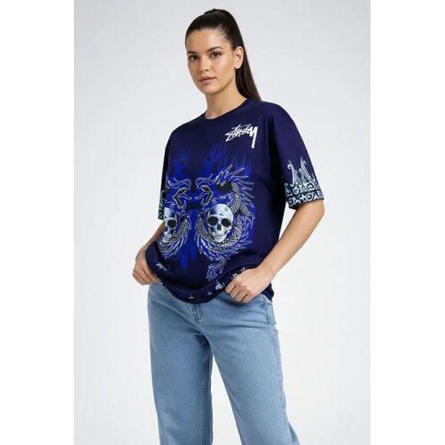 Lacivert Oversize Tişört Dragon - Kuru Kafa Baskılı Bisiklet Yaka T-Shirt - Lacivert