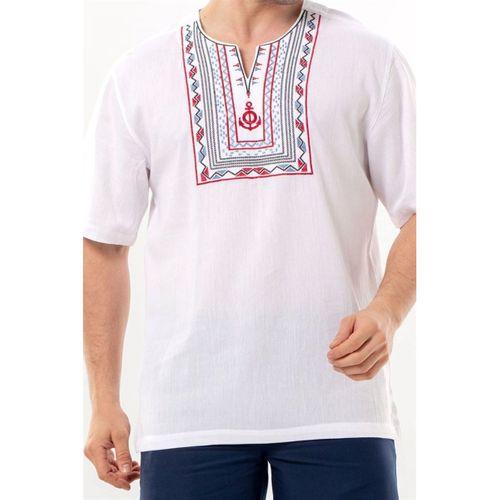 Kısa Kol Şile Bezi Bisiklet Yaka Bahriyeli Erkek Yazlık T-shirt Beyaz Byz