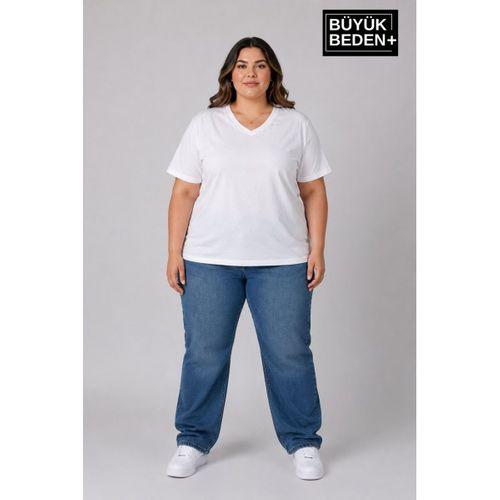 Süperlife Büyük Beden Kadın V Yaka Pamuklu Basic Tişört Lacivert 3XL-6XL SPR26BTSK509