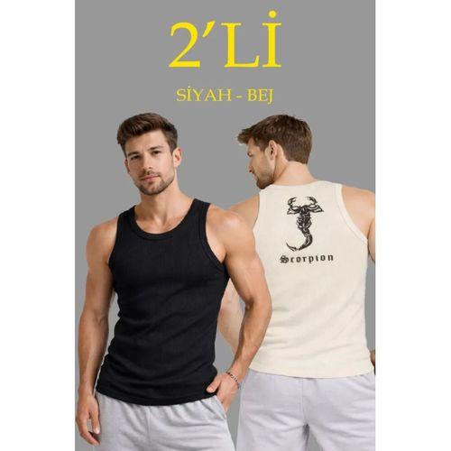 Erkek Spor Fitilli Atlet 2li Set Siyah Ve Bej Slim Fit Kaşkorse Arka Baskılı Spor Atlet