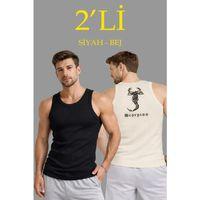 Erkek Spor Fitilli Atlet 2li Set Siyah Ve Bej Slim Fit Kaşkorse Arka Baskılı Spor Atlet