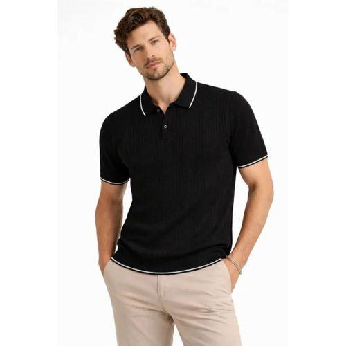 Erkek Düğmeli Yaka Triko Dokuma Tişört Desenli Yazlık  Şık Günlük Triko Tişört - Siyah