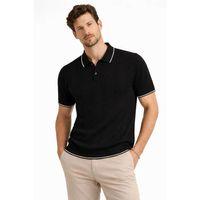 Erkek Düğmeli Yaka Triko Dokuma Tişört Desenli Yazlık  Şık Günlük Triko Tişört - Siyah