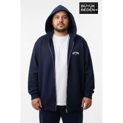 Erkek Büyük Beden Fermuarlı Kapüşonlu New York Baskılı Sweatshirt Hırka SPR26BHR923