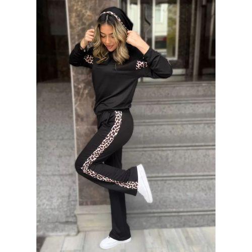Pilelistore Kadın Kapüşonlu Leopar Detay Sweat Ve Yüksek Bel Yanları Leopar şeritli Bol Paça Pantolon Ikili Takım
