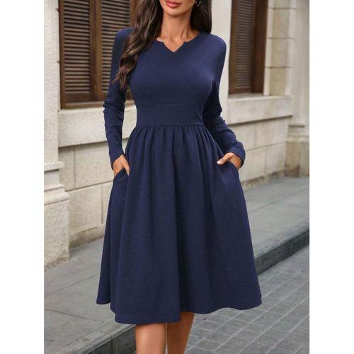 Kadın Uzun Kollu V Yakalı Cepli Midi Ithal Krep Elbise