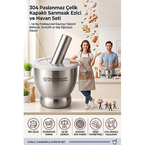 Sarımsak Ezici ve Havan Seti - Kapaklı 1.6 Kg Profesyonel Kaymaz Tabanlı Baharat, Zencefil ve İlaç Öğütücü Havan 304 Paslanmaz Çelik 721519